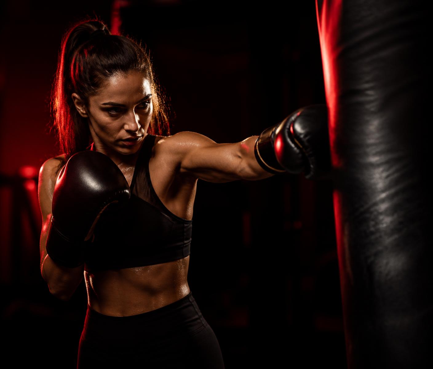 Woman training boxing fitness on a heavy bag